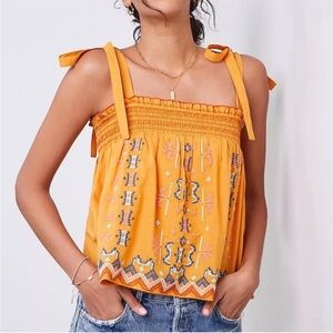 Anthropologie Gold Embroidered Swing Tank